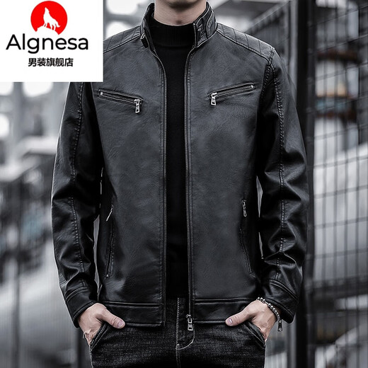 AIGNESA leather jacket for men in spring and autumn new trendy imitation leather casual plus velvet jacket trendy genuine leather winter leather jacket jacket ZH-8602 green plus velvet XL