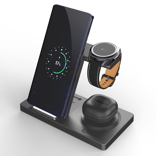 MOYi wireless charger three-in-one fast charging, suitable for Samsung S25 mobile phone, Apple iPhone headset, iWatch Ultra watch, desktop vertical charging base bracket, cool black, wireless fast charging, soft light night light