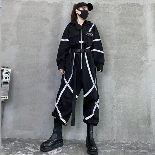 Fresh Qiqi Workwear Jumpsuit Women's Autumn Handsome 2020 New Fashion High Waist Slim Suit Reflective Strip Straight Jumpsuit Black L