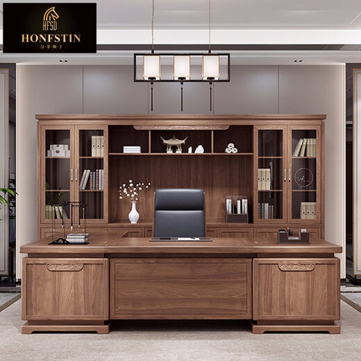 HONFSTIN solid wood desk boss desk and chair combination new Chinese style executive desk president desk simple modern office furniture 2 meter desk + side cabinet