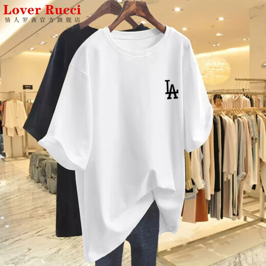 LOVER RUCCI粉色t恤女夏季短袖2025年欧货大版纯棉中长款宽松遮屁股上衣服ins LA粉色 M 建议110-135斤