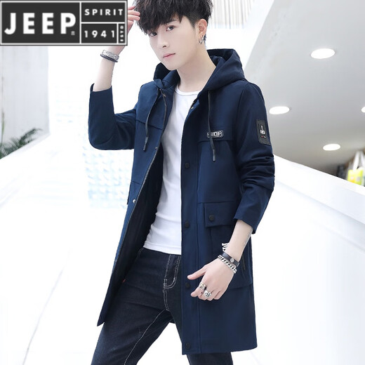 JEEP SPIRIT2023 new spring and autumn mid-length men's windbreaker Korean version slim men's over-the-knee plus velvet thickened jacket 1901 camel XL 175