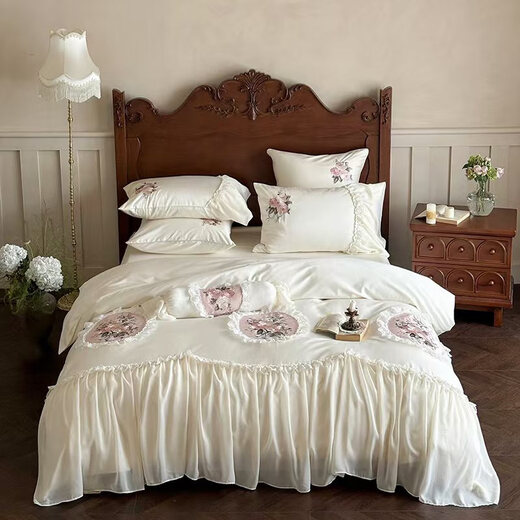 Mercury series light luxury French cotton four-season new 200-count cotton bed four-piece set princess style embroidered flower bedding quilt cover Miu-cotton-romanticism-pink Category A maternal and infant grade bed sheet 1.8 meters suitable for quilt core 200*230