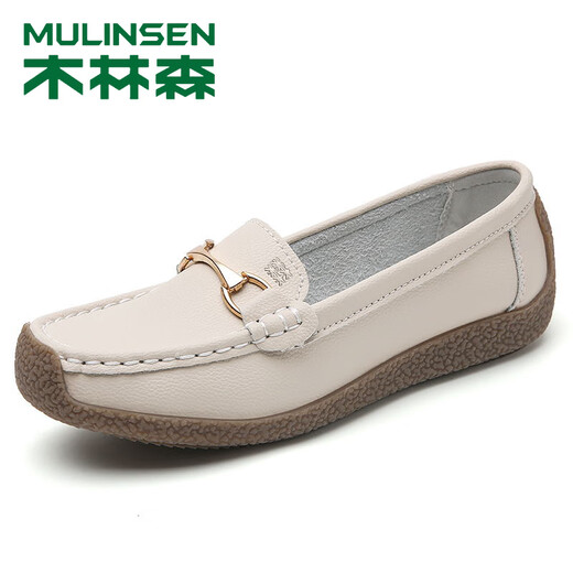 Mulinsen echte Lederbohnenschuhe für Frauen im Frühling neuer flacher Sohle atmungsaktives weicher Einzelschuhe bequeme Mutterschuhe ausgehöhlten atmungsaktiven Frauenschuhen 828 Beige Hollow 37