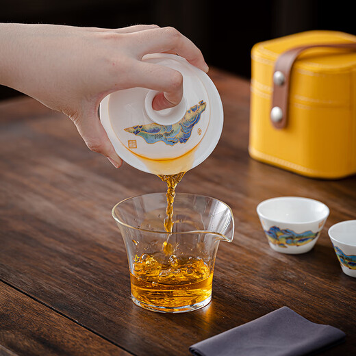 Mi Xiaoshu travel tea set portable ceramic cover bowl fair cup one pot three cups Teacher's Day gift birthday high-end Qianli Jiangshan set portable leather packaging