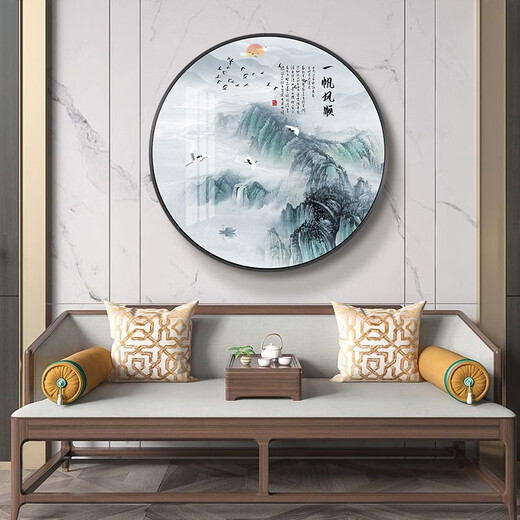 桐迪新中式圆形装饰画客厅沙发背景墙壁画过道走廊玄关画书房山水挂画 12156 一帆风顺 烤瓷镶钻-直径60-铝合金黑框
