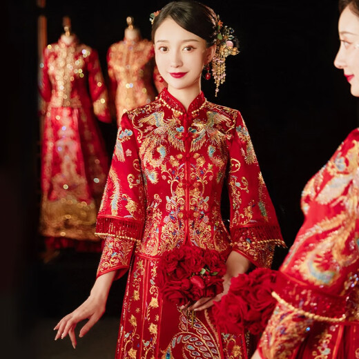 ZEIMSSMM Xiuhe Wedding Bridal 2022 New Chinese Style Wedding Dress Ancient Costume Cheongsam Dragon and Phoenix Gown 1210 Tassel Phoenix Piao M