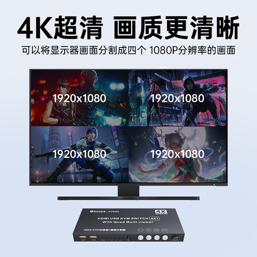 毕亚兹 HDMI kvm切换器分割器分屏器 4K高清 4口hdmi四进一出键盘鼠标共享器带4口同步器分屏同步一体机
