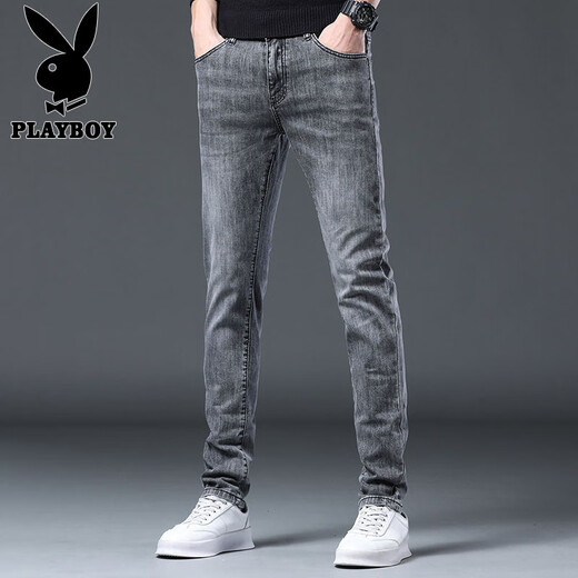 花花公子（PLAYBOY）牛仔裤男夏季新款潮流时尚修身小脚裤子男士休闲韩版弹力长裤男装 灰色X-1157HH1048 28