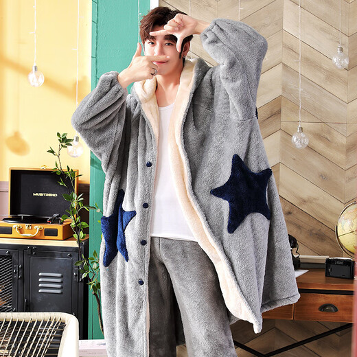Delia coral velvet pajamas men's winter solid color Korean version casual simple men's nightgown bathrobe bathrobe mid-length home clothes autumn and winter men 9904 2XL (recommended 150-180Jin [Jin equals 0.5 kg])