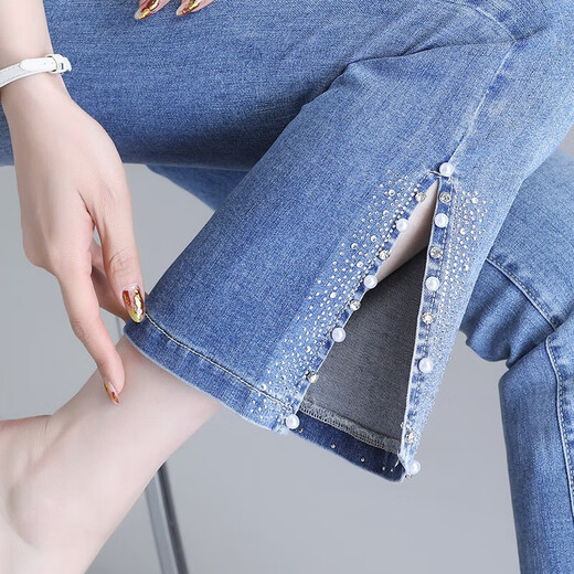 Light luxury nine-point slightly flared jeans for women 2025 new high-waisted slim small side slit slit bell-bottom pants for women blue 6621 spring and summer thin 4XL /32 145-155Jin [Jin equals 0.5 kg]