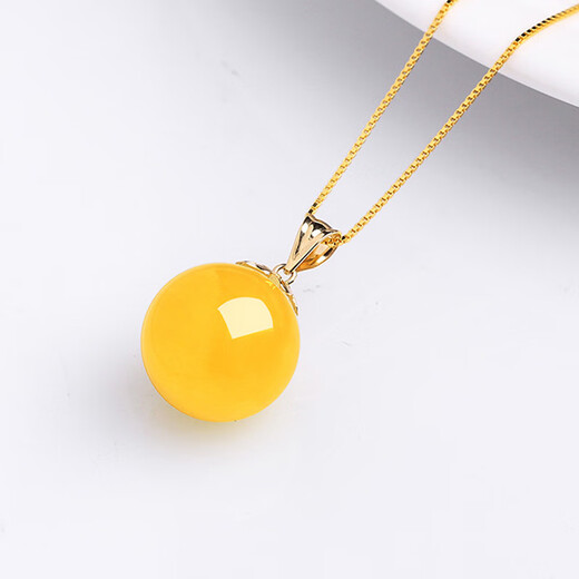 MUJUE Beeswax Amber Chicken Fat Yellow Round Bead Pendant 18K Gold Necklace Women's Transfer Bead Pendant Bead Diameter 11-12mm (Standard Style) Silver Chain