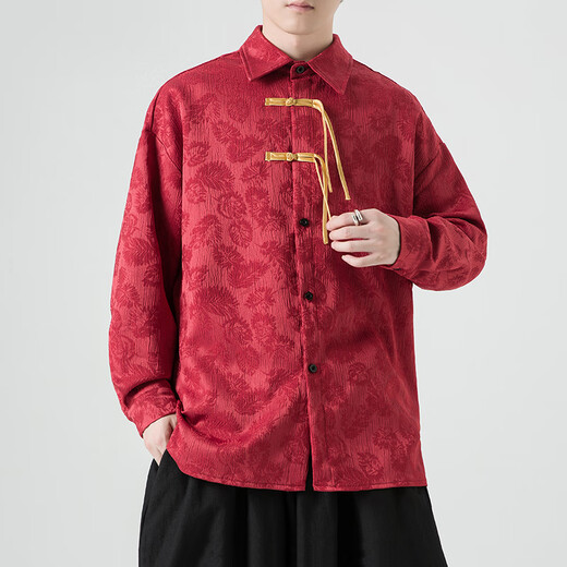 Bai Xu Teng Tang suit Hanfu jacquard leaf Chinese style improved new Chinese style 2025 spring and autumn new style plate button annual meeting long-sleeved shirt red L (recommended weight 120-135Jin Jin equals 0.5 kg)