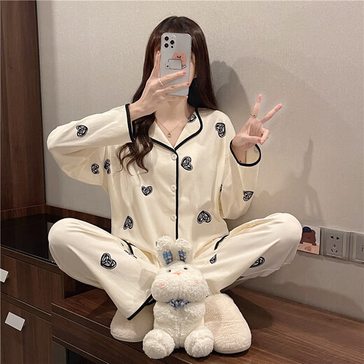 Langsha Sweet Pajamas Women's Cardigan Set Korean Style Long Sleeve Wearable Home Clothes Internet Celebrity Style Loose Women's Home Clothes L