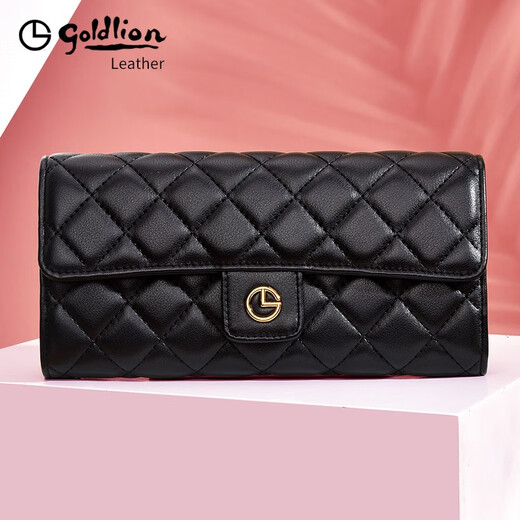 Goldlion long wallet for women 2025 new style cowhide clutch bag for girls with multiple card slots genuine leather light luxury ladies handbag high-end black FA021919-111