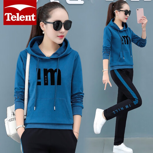 Telent brand sports suit for women spring and autumn 2020 new autumn style casual running suit loose trendy brand fashion large size sweatshirt two-piece set haze blue M (85-100Jin [Jin equals 0.5 kg])