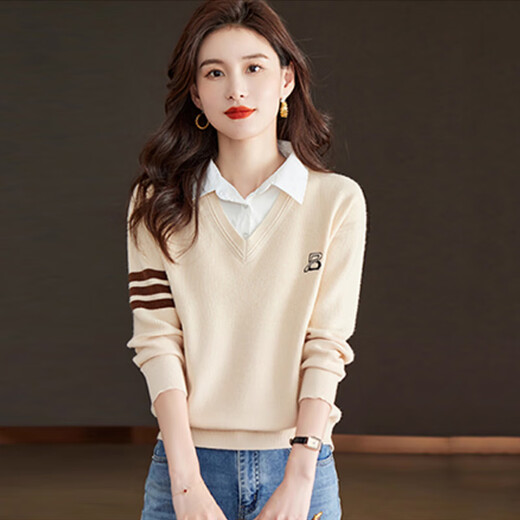 Red Dragonfly Knitted Sweater Women's Shirt Collar 2025 Autumn New Women's Clothing Fake Two-Piece Bottoming Shirt Long Sleeve T-Shirt Women's Top Off-White One Size Suitable for 80-145 Jin Jin equals 0.5 kg