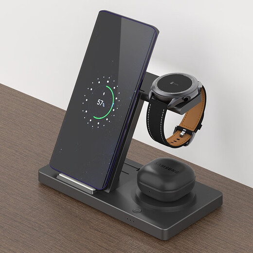 MOYi wireless charger three-in-one fast charging, suitable for Samsung S25 mobile phone, Apple iPhone headset, iWatch Ultra watch, desktop vertical charging base bracket, cool black, wireless fast charging, soft light night light