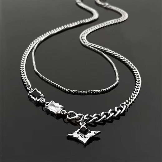 Cai Leiya Mangxing Double-layer Necklace Men's Trendy Sweater Chain Light Luxury Niche Design Hip-Hop Style Couple Boy and Girl Clavicle Chain Mangxing Black Stone Splicing Necklace