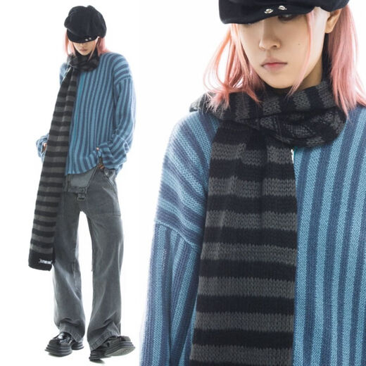 Yuan Lexen mid-length punk dark versatile European and American ripped autumn and summer sweater for women couple striped loose niche sweater new dark gray one size