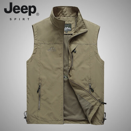 JEEP SPIRIT春季薄款爸爸装中老年男士马甲口袋钓鱼背心坎肩休闲工装外套爷爷 军绿 L
