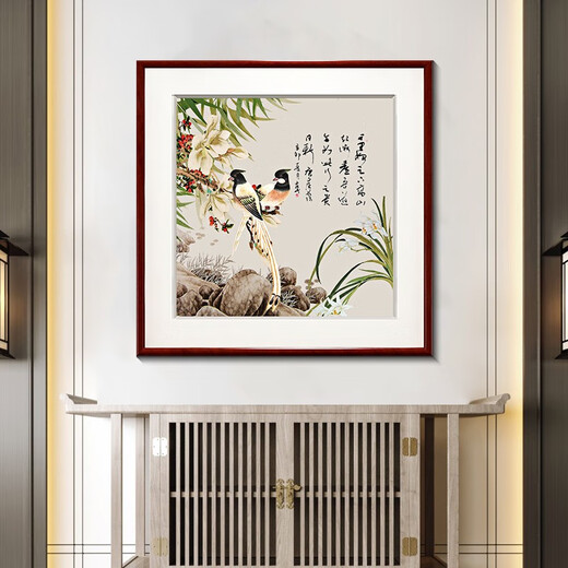 Zi Teng Suixuan new Chinese style ink flower and bird painting living room background wall decoration painting restaurant dining room hanging painting entrance bedroom mural picture 9 60*60cm mahogany color solid wood frame