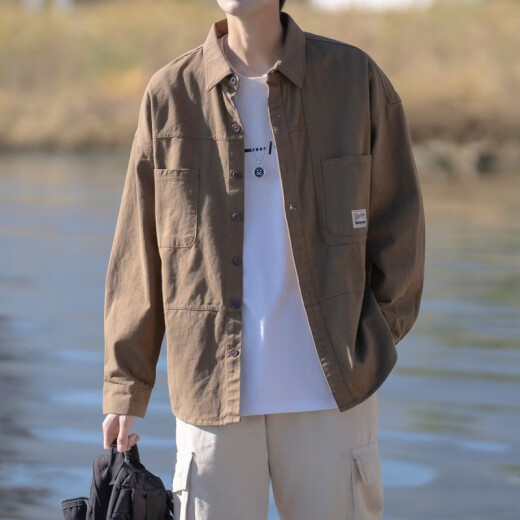 迪伽达 衬衫男士外套春夏季新款斜纹抗皱文艺风工装宽松休闲衬衣女 WXFFS-C71棕色 XL