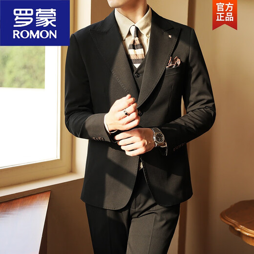 ROMON retro-accent ticket belt design large peak lapel two-button suit men's autumn and winter Maillard caramel dress suit black suit + trousers M 100-110Jin Jin equals 0.5 kg