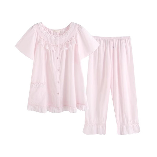 
Roseme Roseme Spring and Summer New Product Pure Cotton 60-pin woven fabric inlaid with lace short-sleeved trousers pajamas two-piece set 13068 Pink 155(S)