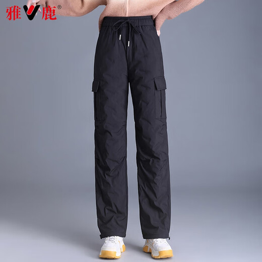 Yalu Down Pants Women's Outerwear 2025 Winter New Warm Straight Slim High Waist Workwear Thickened Elastic Waist Pants Black L Recommended 115-130Jin Jin equals 0.5 kg