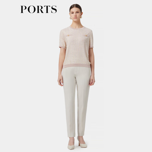 PORTS Frühlingsneue Damenbekleidung Brustaccessoires verziertes gestricktes Kurzarmoberteil Nicht auf Lager Helles Vanillegelb L