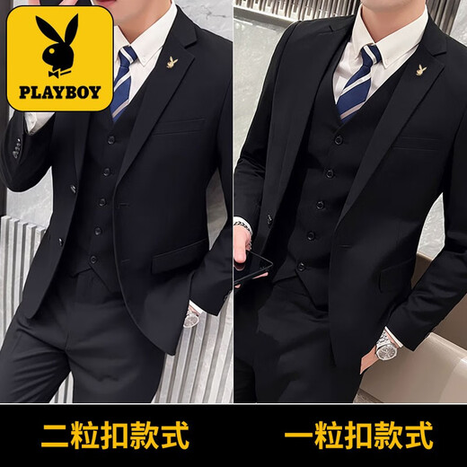 Playboy suit men's business slim suit work professional suit small suit men's groom's dress casual jacket black double button [suit + trousers + shirt + tie L 175/92A