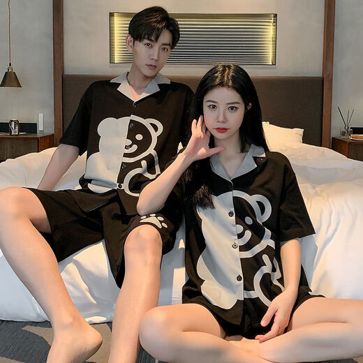 Clolv kissCK couple light luxury pajamas summer ice silk short-sleeved thin cute simulated silk men and women summer home wear set H05 couple one man and one woman female L + male XL