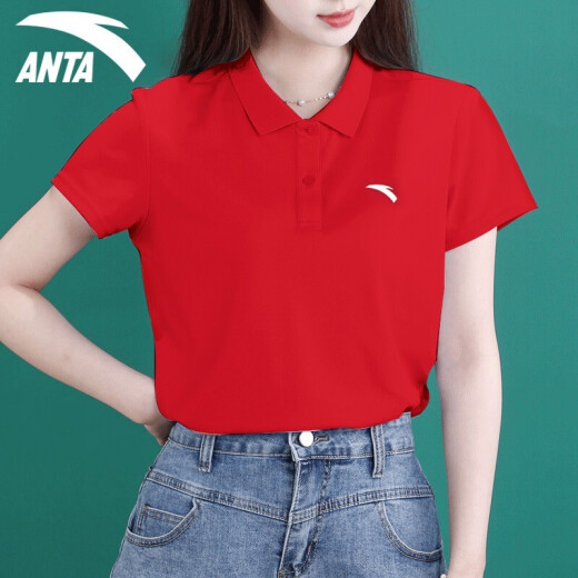Camiseta de manga corta Anta para mujeres 2022 Summer Nueva camisa de solapa transpirable suelta Running Fitness Silk Silk Ropa de secado rápido Camiseta a media manga al aire libre Sportswear informal -4a14066 Classic Red XS/155