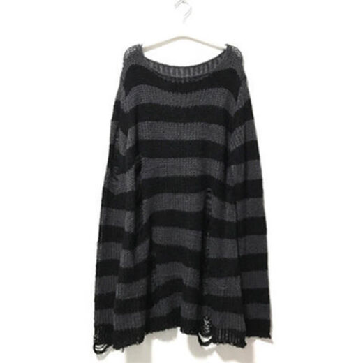 Yuan Lexen mid-length punk dark versatile European and American ripped autumn and summer sweater for women couple striped loose niche sweater new dark gray one size