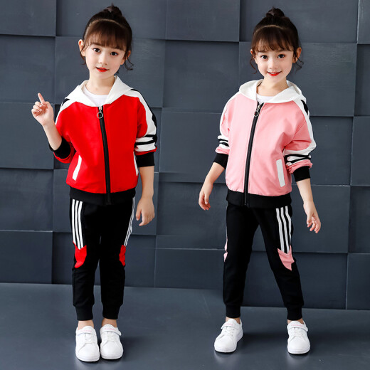 Nanjiren Girls Sports Suit Autumn Children's Spring Autumn Clothes Older Children's Hooded Long-Sleeved Jacket Trousers Two-piece Casual Student Wear Red 130cm