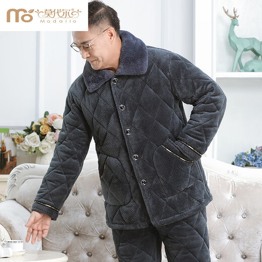 莫代尔中老年男士睡衣冬季加厚加绒珊瑚绒三层夹棉袄大码爸爸保暖家居服 686蓝色 三层加厚加绒 2XL 建议140-160斤