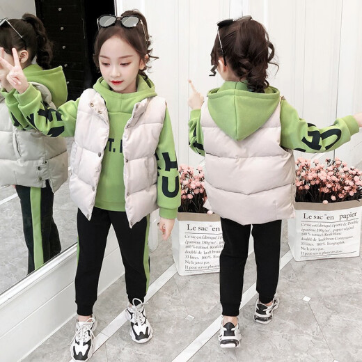 Jiuyi children's clothing girls' suits autumn and winter 2020 medium and large children's casual thickened velvet vest sweatshirt pants children's suit little girl's stylish three-piece suit winter cotton coat apricot vest 140 size (recommended height is about 135CM)