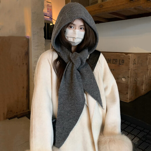 Muchiston Korean style ins hat scarf one-piece warm knitted hat for women winter ear protection balaclava woolen hat for men gray one size