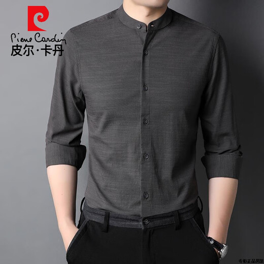 Pier Cardin long-sleeved shirt men stand collar Chinese style solid color shirt men linen cotton trend middle-aged and young father spring and autumn top 9930 rose red 165/105