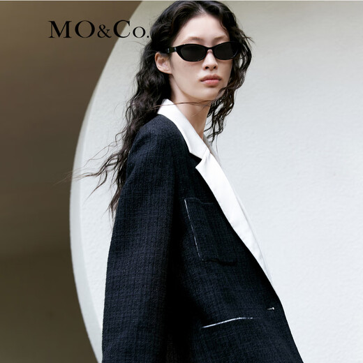 MO&Co.肌理感黑色西装权力外套中长款平驳领休闲西装外套摩安珂 黑色 S 160