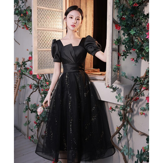 Seidler black little evening dress for women's banquet, light luxury niche high-end birthday and adult ceremony dress black XXL (recommended 126-135 Jin Jin equals 0.5 kg)