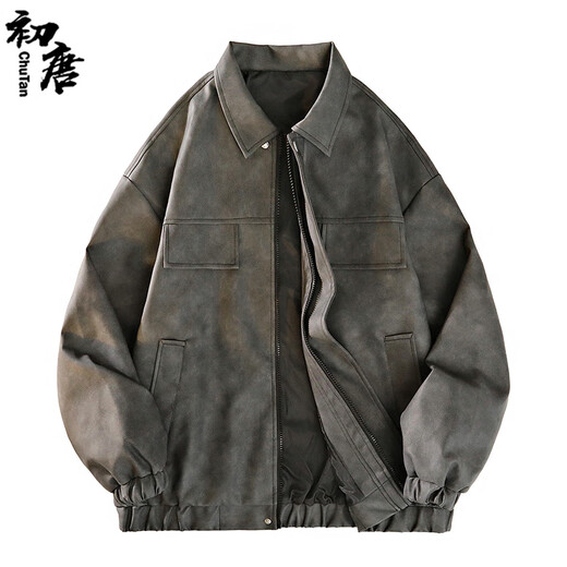 初唐皮衣男仿皮夹克雾面新复古回潮皮外套秋冬美式机车上衣 墨黑 2XL 