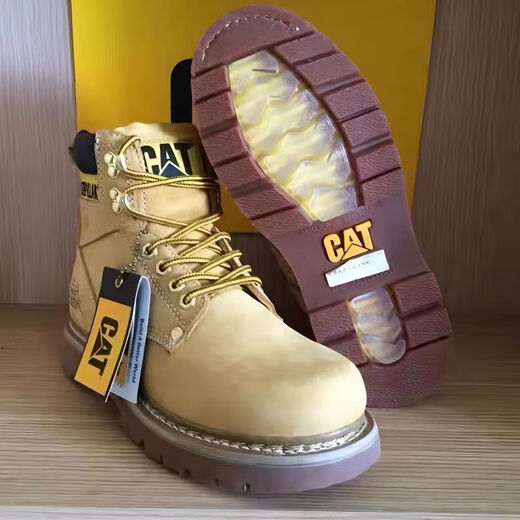 卡特 CAT男鞋水晶底户外机车百搭工装鞋高帮厚底头层牛皮大黄靴 627金黄钢头款 标准皮鞋码数 42