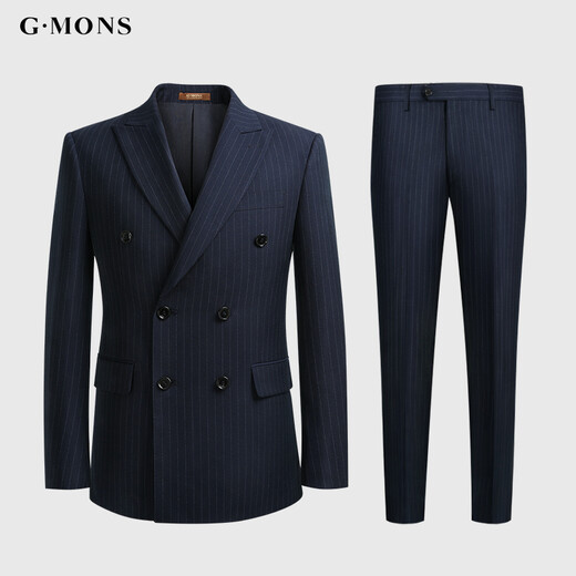 Guillaume (G MONS) suit men's suit men's suit men's slim business suit men's wedding groom casual vertical striped suit suit navy blue top + pants two-piece set 52