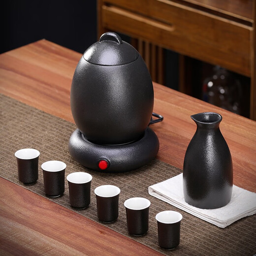 Qixinbian Chinese-style wine warmer set for wine glasses and wine pot, household retro wine boiler, rice wine warmer, wine warmer ceramic, black pottery wine warmer 6 cups + thermostat
