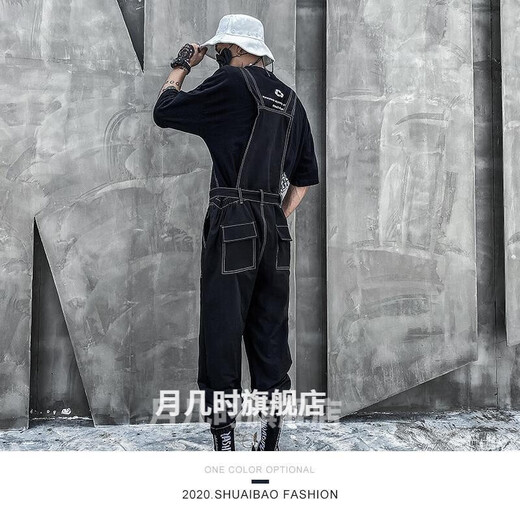 歌鹏背带裤男宽松机能风背带裤男士工作服男束脚套装九分裤子 M 黑色