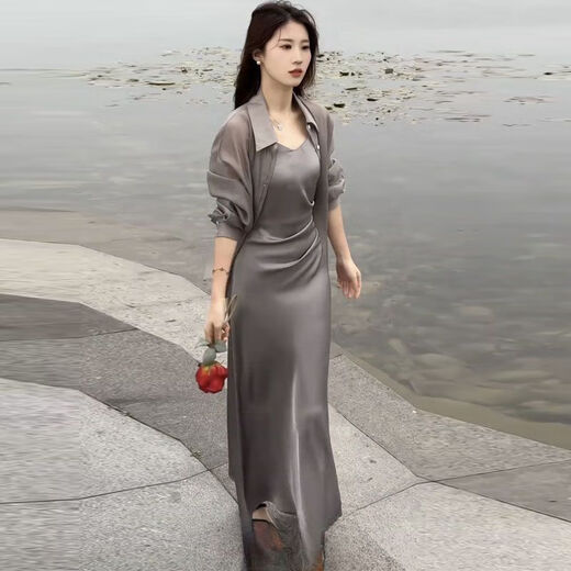 Question floating black suit for women summer fashion two-piece temperament fashionable skirt 2024 summer new temperament sunscreen J683 gray XL [suggested 115130Jin [Jin equals 0.5 kg]]