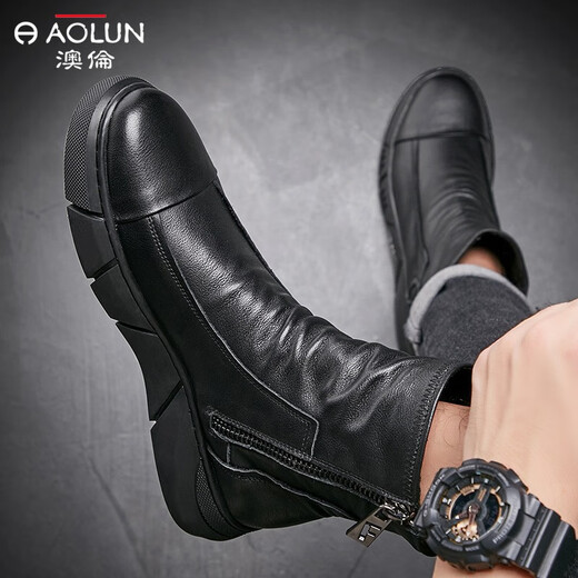 Bottes masculines australiennes, chaussures hautes hautes, hommes plus velours en cuir soft en cuir doux martin, bottes en cuir britannique, chaussures en coton, chaussures d'hiver, bottes Chelsea, noir (plus velours) 42