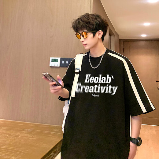 OEMG 美式复古短袖t恤男夏季新款潮流牌青少年五分袖上衣服宽松休闲衫 杏色 XL [建议125-140斤]